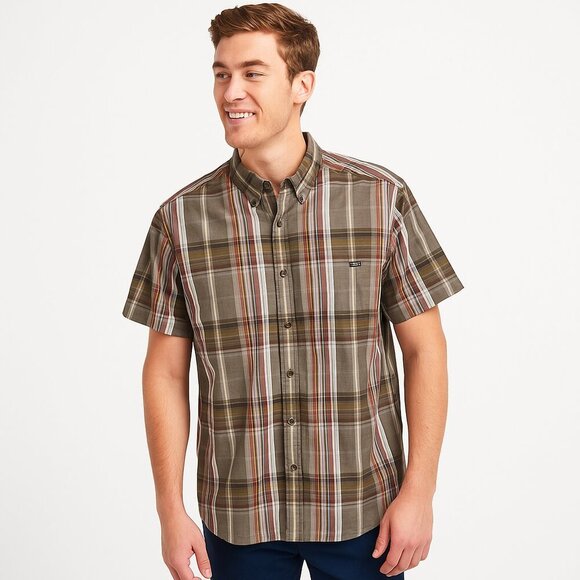 Eddie Bauer Men Large Flannel Shirt Brown White Plaid Button Casual Layer Core - Picture 1 of 16